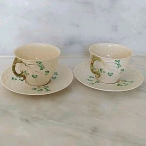 Belleek China Set of Tea Cup & Saucers Green Lable